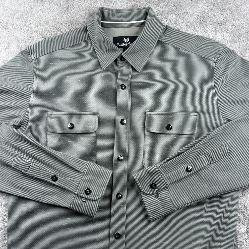Buttercloth Shirt Jacket Mens M Gray Striped Snap Front Stretch Utility Shacket